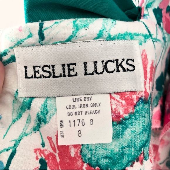 Vintage 80’s Leslie Lucks Bright Floral Print Full Skirt Dress w/ Bows - Picture 14 of 16